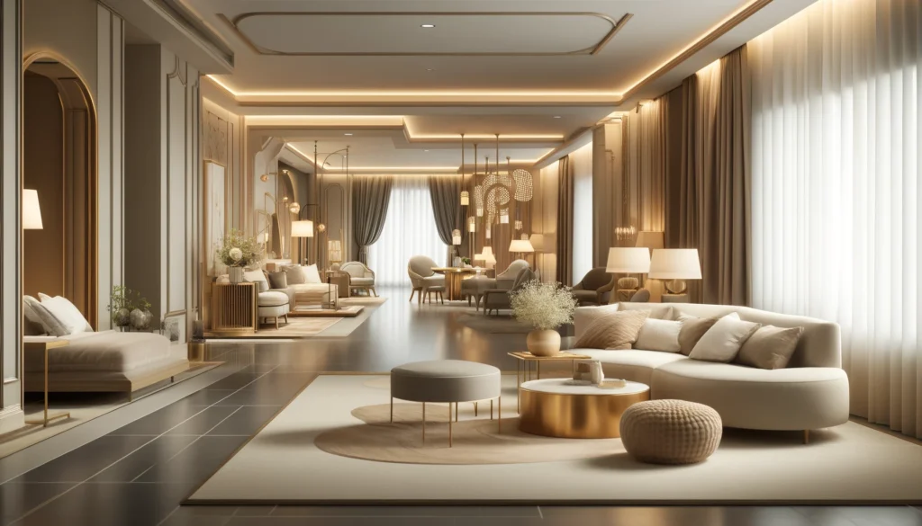 DALL·E 2024-11-29 12.19.41 - A luxurious, tranquil interior scene featuring a variety of stylish rooms with elegant furnishings and soft, warm lighting. The setting combines spaci