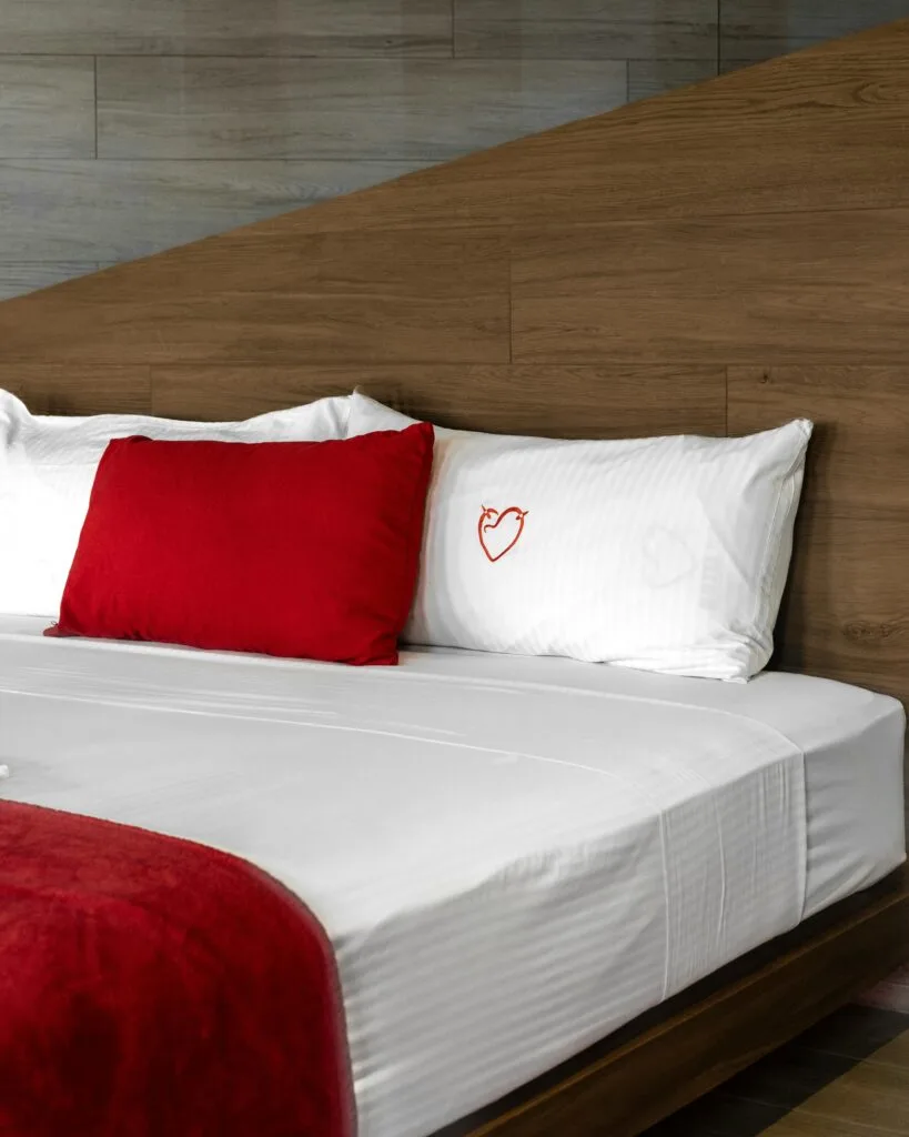 pexels-photo-28174031-28174031 Contemporary hotel room interior featuring a cozy bed with red accents and heart embroidery in Ciudad de México.